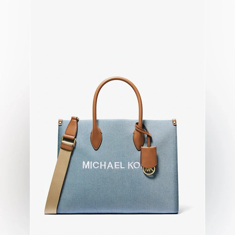 NWT Michael Kors Mirella Denim Blue Tote with Tan Leather Accents - Picture 3 of 11